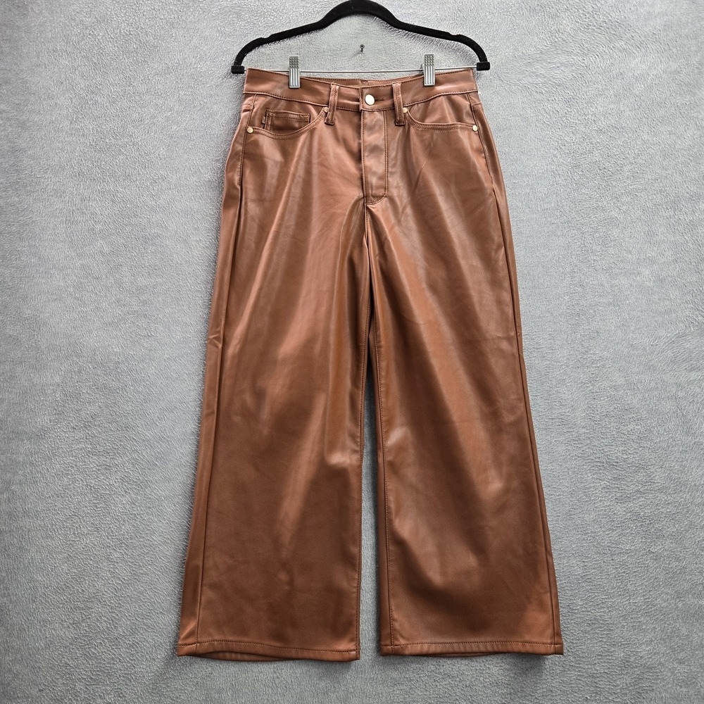 Judy Blue Women Pants 5/27 Brown Cropped Wide Leg Faux Leather‎ Fleece Lined